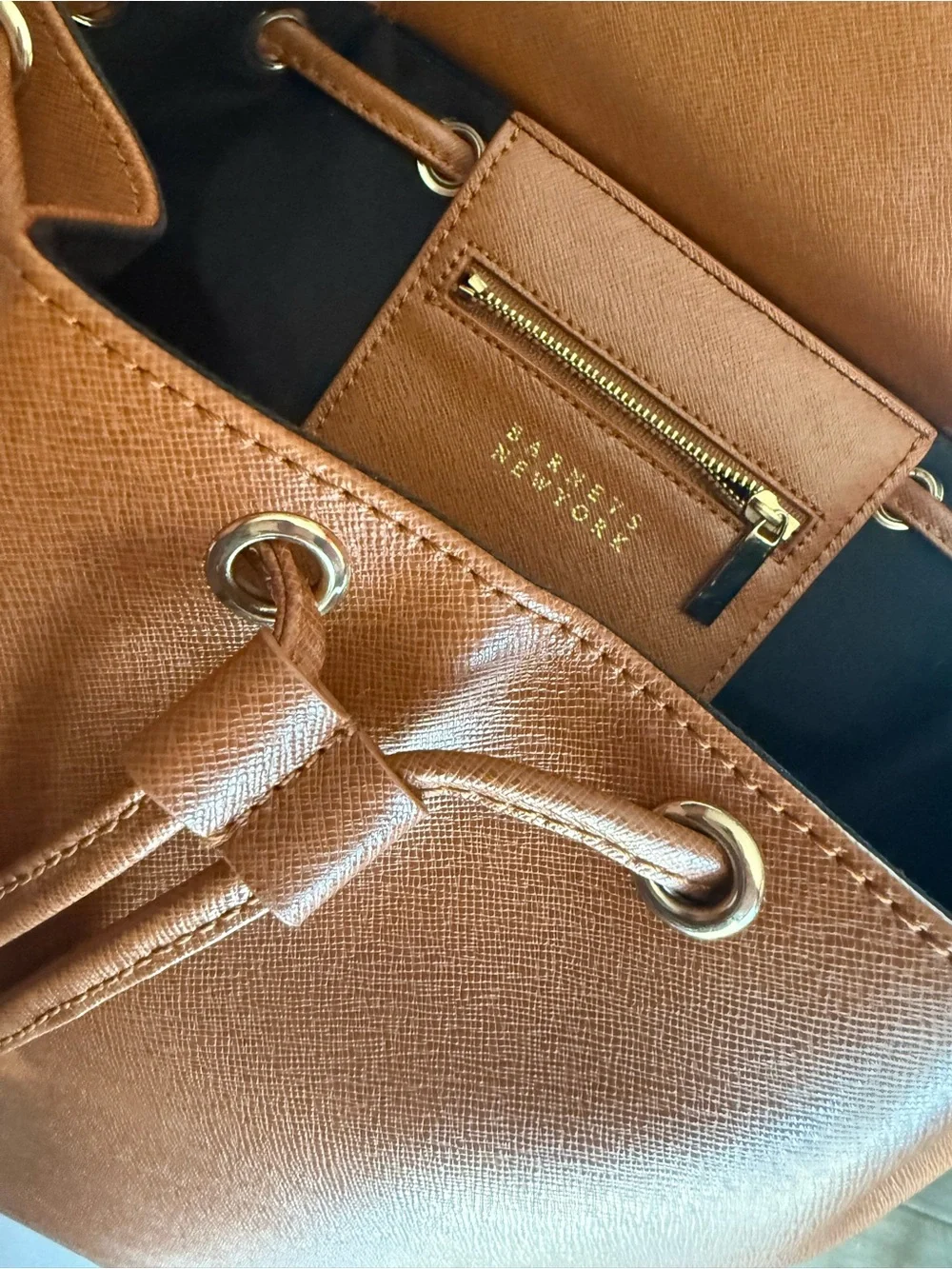 Barneys New York Cognac Saffiano Leather Bucket Backpack